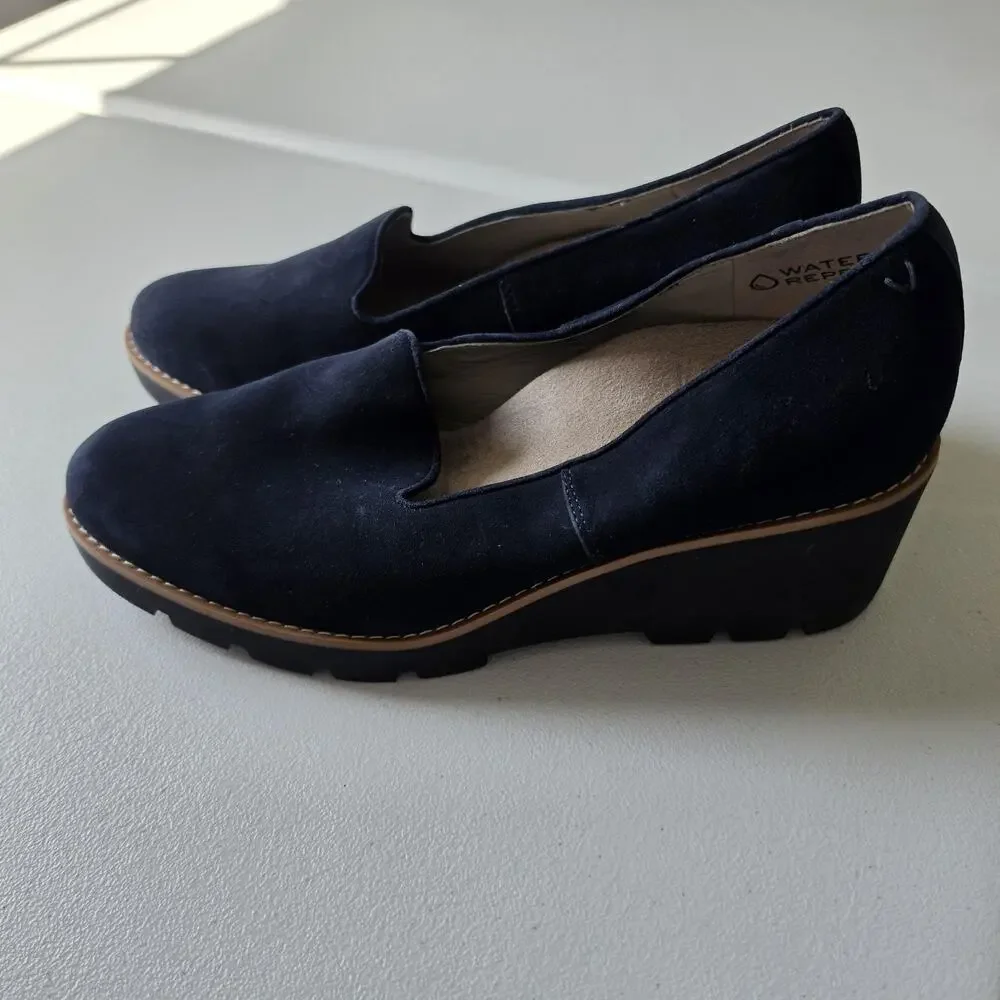 Vionic Willa Wedge Shoes Womens Size 10 Blue Suede Slip On Lug Sole Comfort